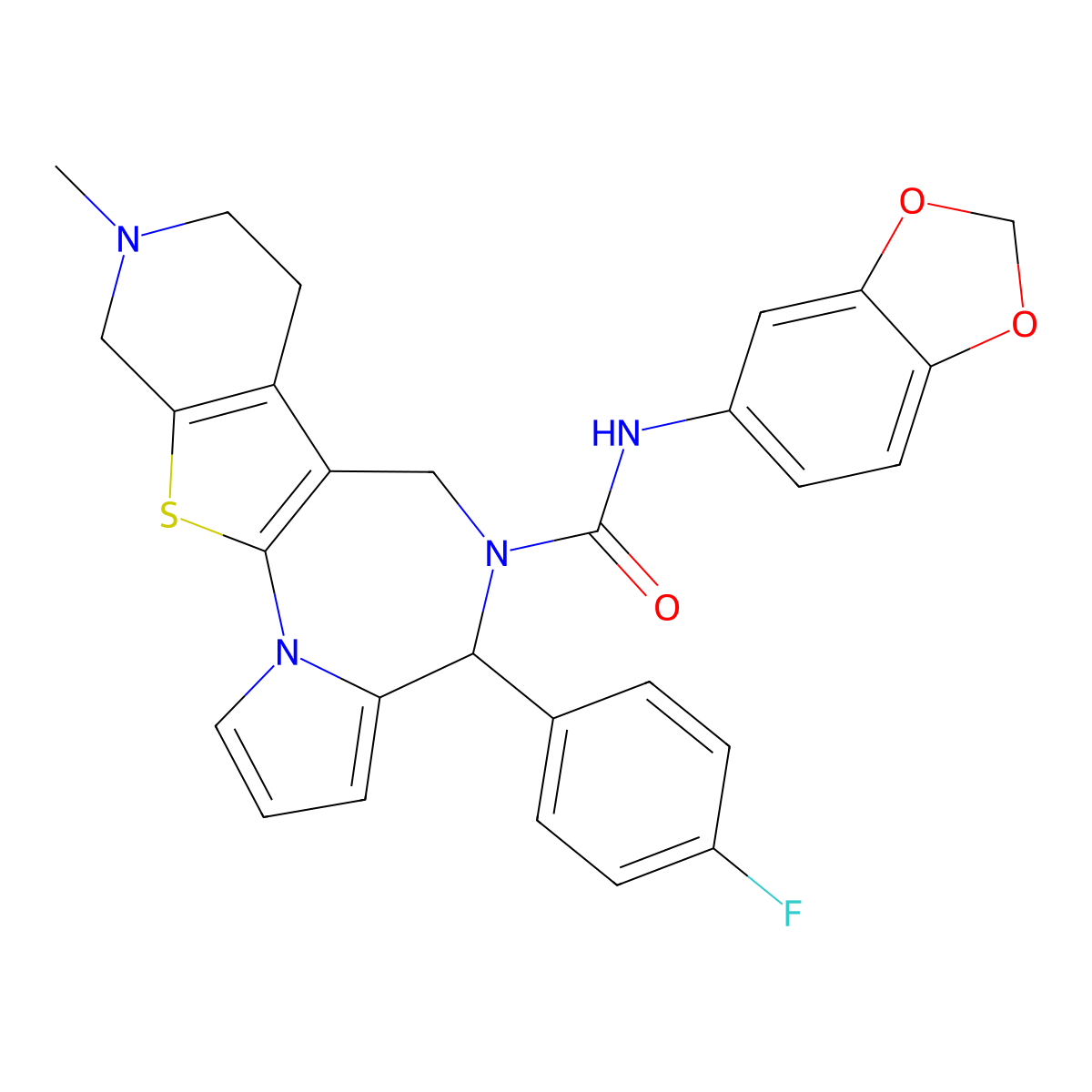 N-1,3-benzodioxol-5-yl-4-(4-fluorophenyl)-9-methyl-7,8,9,10-tetrahydro-4H-pyrido[4',3':4,5]thieno[3,2-f]pyrrolo[1,2-a][1,4]diazepine-5(6H)-carboxamide molecular structure, CAS 1185125-51-2