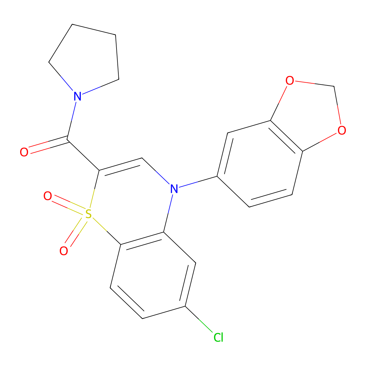 (4-(benzo[d][1,3]dioxol-5-yl)-6-chloro-1,1-dioxido-4H-benzo[b][1,4]thiazin-2-yl)(pyrrolidin-1-yl)methanone molecular structure, CAS 1185135-86-7