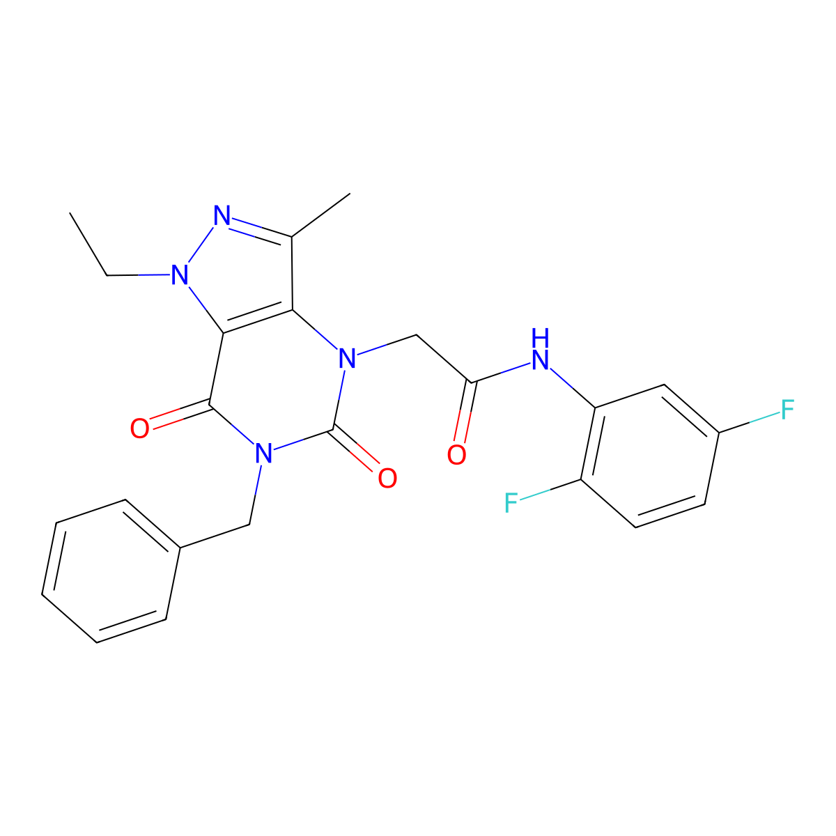2-(6-benzyl-1-ethyl-3-methyl-5,7-dioxo-1,5,6,7-tetrahydro-4H-pyrazolo[4,3-d]pyrimidin-4-yl)-N-(2,5-difluorophenyl)acetamide molecular structure, CAS 1185138-25-3