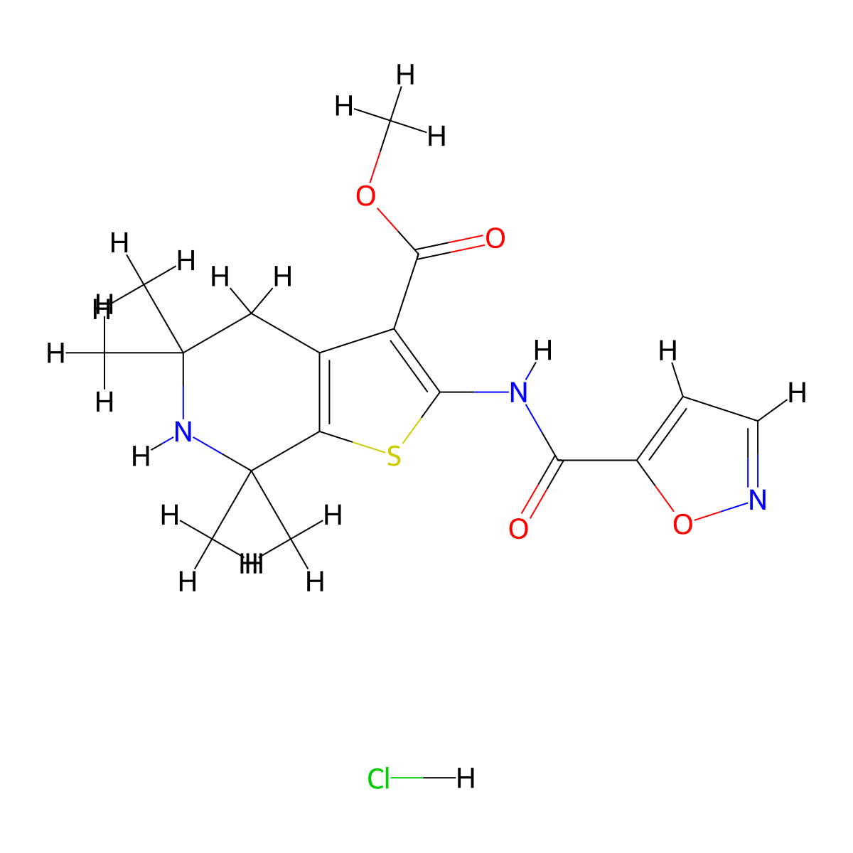 Methyl 2-(isoxazole-5-carboxamido)-5,5,7,7-tetramethyl-4,5,6,7-tetrahydrothieno[2,3-c]pyridine-3-carboxylate hydrochloride molecular structure, CAS 1185140-48-0