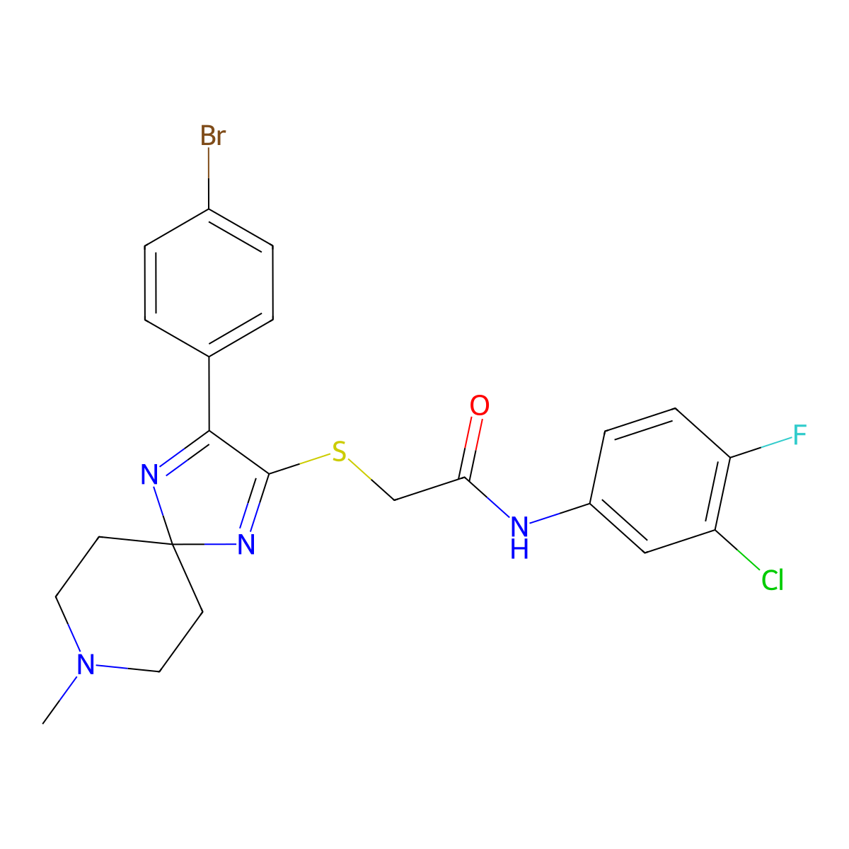 2-((3-(4-bromophenyl)-8-methyl-1,4,8-triazaspiro[4.5]deca-1,3-dien-2-yl)thio)-N-(3-chloro-4-fluorophenyl)acetamide molecular structure, CAS 1185142-58-8