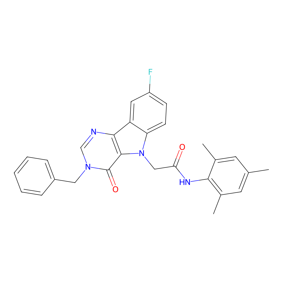 2-(3-benzyl-8-fluoro-4-oxo-3H-pyrimido[5,4-b]indol-5(4H)-yl)-N-mesitylacetamide molecular structure, CAS 1185144-24-4