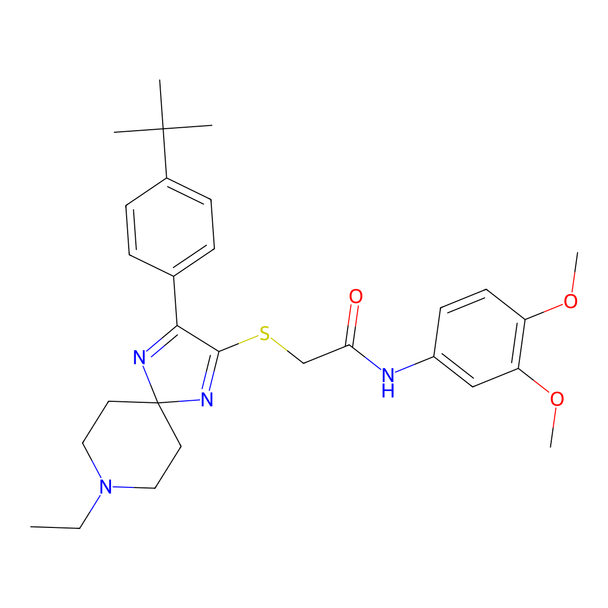 2-((3-(4-(tert-butyl)phenyl)-8-ethyl-1,4,8-triazaspiro[4.5]deca-1,3-dien-2-yl)thio)-N-(3,4-dimethoxyphenyl)acetamide molecular structure, CAS 1185145-84-9
