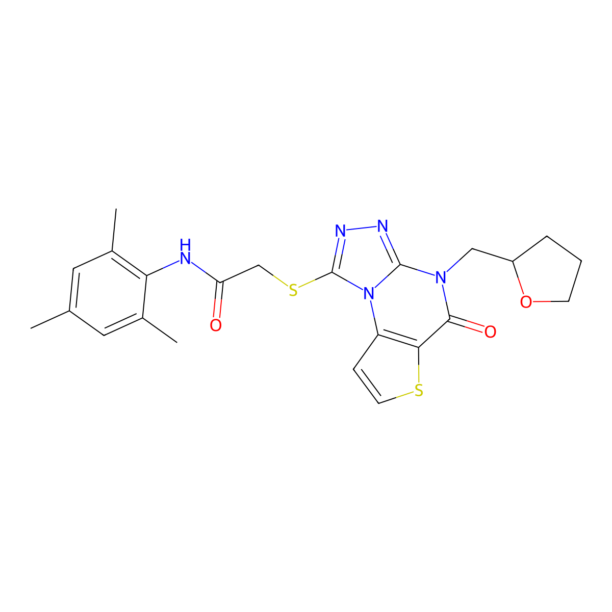 N-mesityl-2-{[5-oxo-4-(tetrahydrofuran-2-ylmethyl)-4,5-dihydrothieno[2,3-e][1,2,4]triazolo[4,3-a]pyrimidin-1-yl]thio}acetamide molecular structure, CAS 1185146-42-2