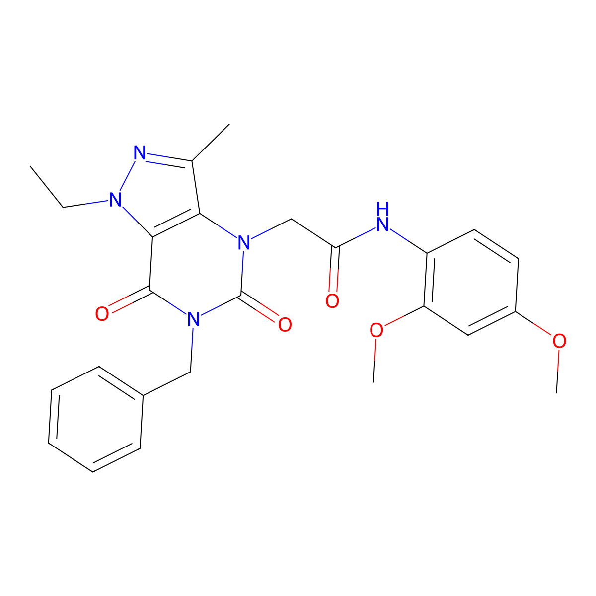 2-(6-benzyl-1-ethyl-3-methyl-5,7-dioxo-1,5,6,7-tetrahydro-4H-pyrazolo[4,3-d]pyrimidin-4-yl)-N-(2,4-dimethoxyphenyl)acetamide molecular structure, CAS 1185147-44-7