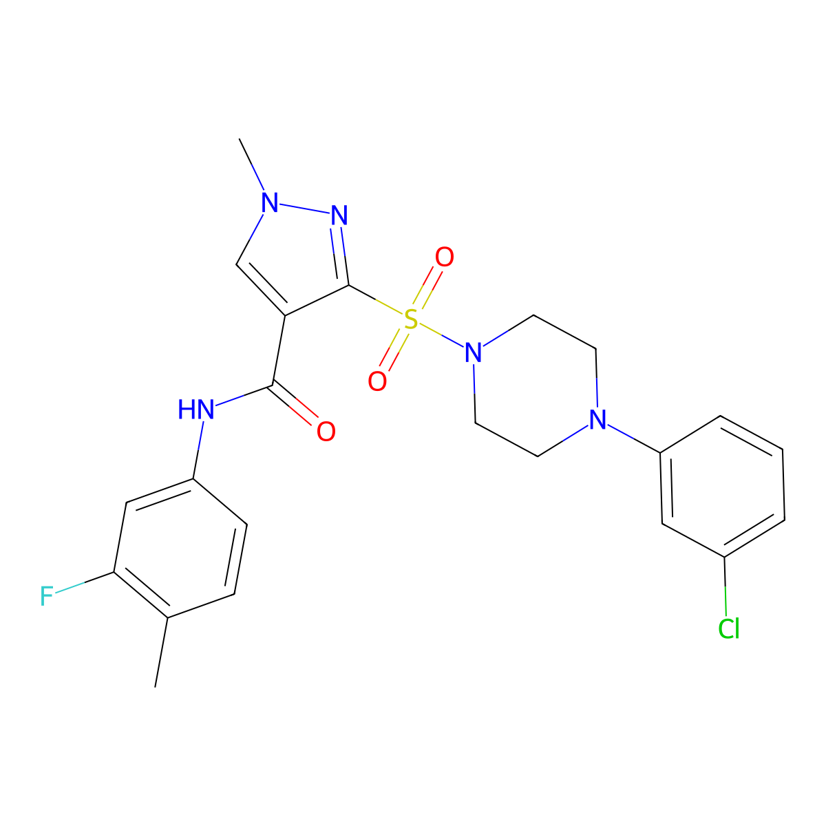 3-{[4-(3-chlorophenyl)piperazin-1-yl]sulfonyl}-N-(3-fluoro-4-methylphenyl)-1-methyl-1H-pyrazole-4-carboxamide molecular structure, CAS 1185151-85-2