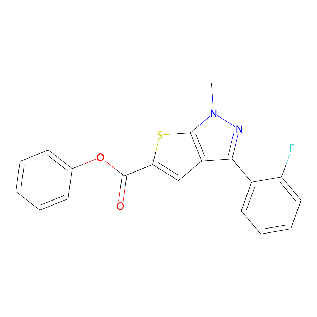phenyl 3-(2-fluorophenyl)-1-methyl-1H-thieno[2,3-c]pyrazole-5-carboxylate molecular structure, CAS 1185153-81-4