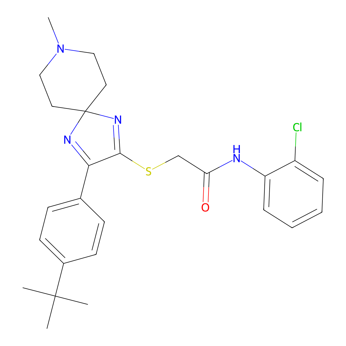 2-{[3-(4-tert-butylphenyl)-8-methyl-1,4,8-triazaspiro[4.5]deca-1,3-dien-2-yl]sulfanyl}-N-(2-chlorophenyl)acetamide molecular structure, CAS 1185157-53-2