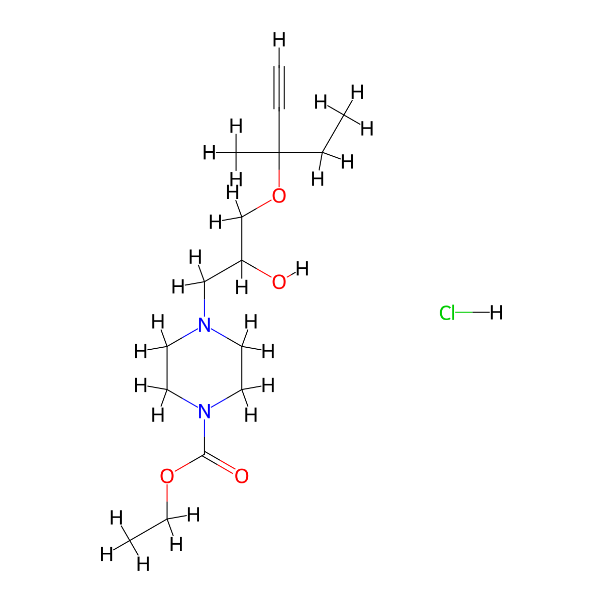 Ethyl 4-(2-hydroxy-3-((3-methylpent-1-yn-3-yl)oxy)propyl)piperazine-1-carboxylate hydrochloride molecular structure, CAS 1185158-44-4