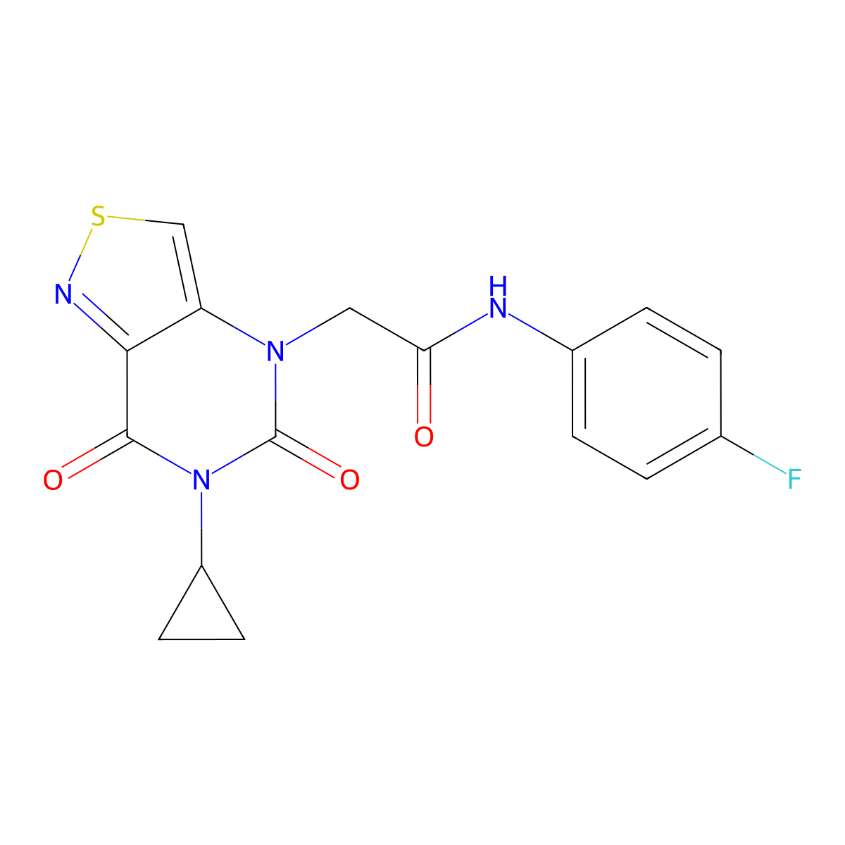 2-{6-cyclopropyl-5,7-dioxo-4H,5H,6H,7H-[1,2]thiazolo[4,3-d]pyrimidin-4-yl}-N-(4-fluorophenyl)acetamide molecular structure, CAS 1185160-60-4