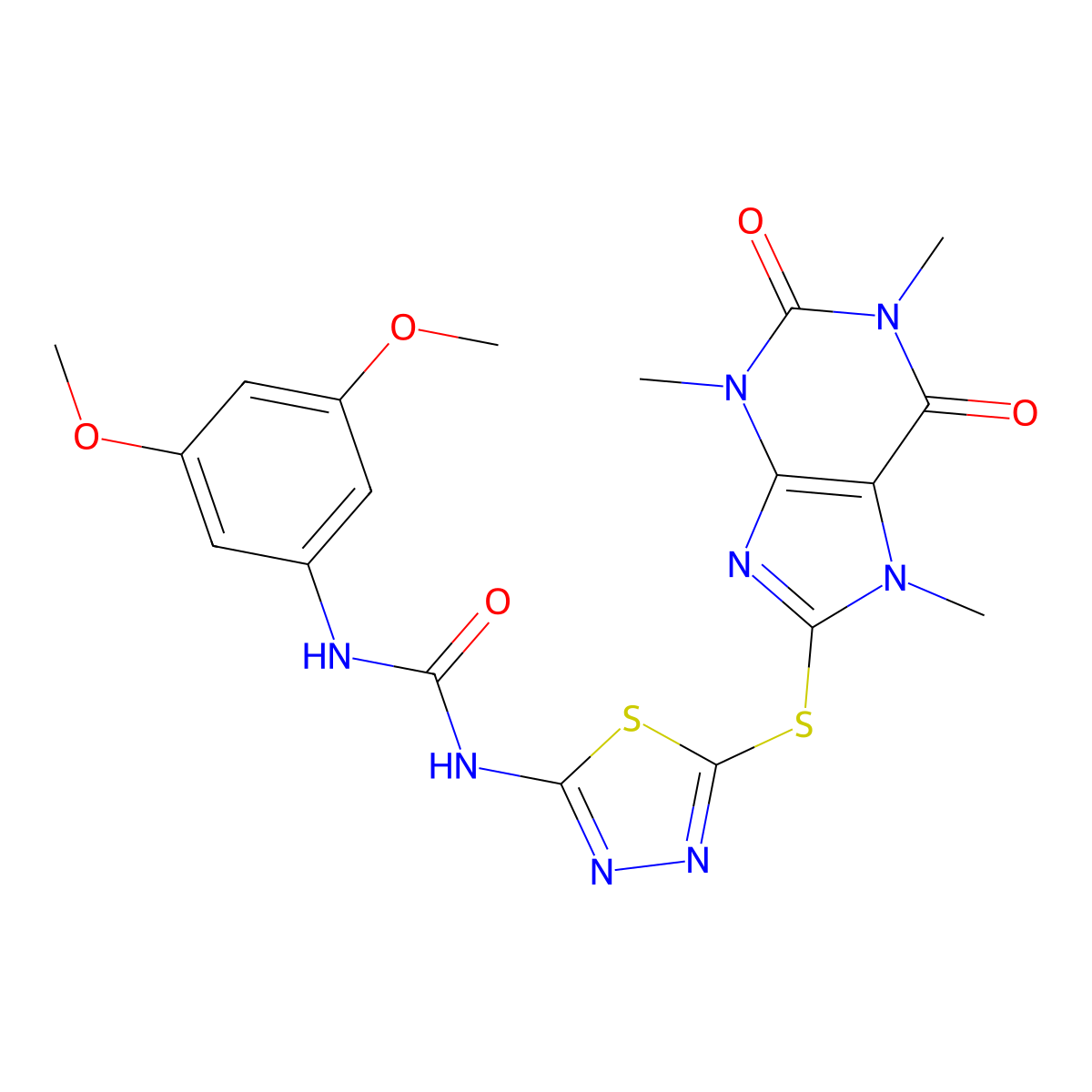 N-(3,5-dimethoxyphenyl)-N'-{5-[(1,3,7-trimethyl-2,6-dioxo-2,3,6,7-tetrahydro-1H-purin-8-yl)thio]-1,3,4-thiadiazol-2-yl}urea molecular structure, CAS 1185162-29-1