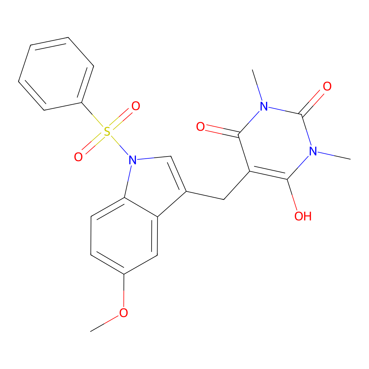 6-hydroxy-5-{[5-methoxy-1-(phenylsulfonyl)-1H-indol-3-yl]methyl}-1,3-dimethyl-2,4(1H,3H)-pyrimidinedione molecular structure, CAS 1185163-68-1