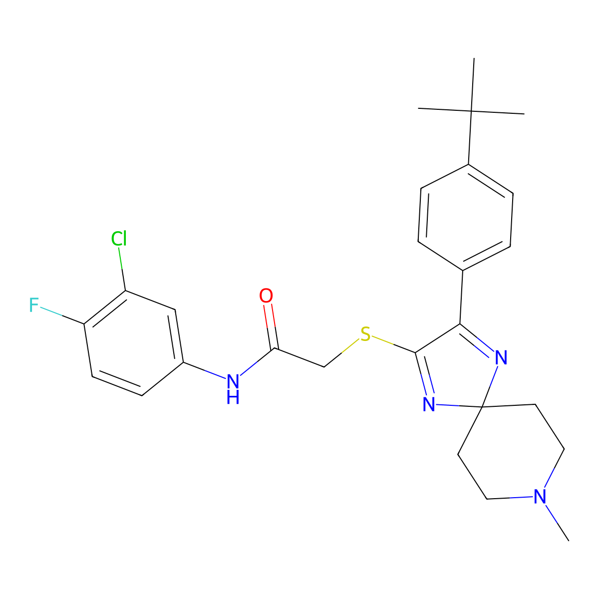 2-{[3-(4-tert-butylphenyl)-8-methyl-1,4,8-triazaspiro[4.5]deca-1,3-dien-2-yl]sulfanyl}-N-(3-chloro-4-fluorophenyl)acetamide molecular structure, CAS 1185164-62-8