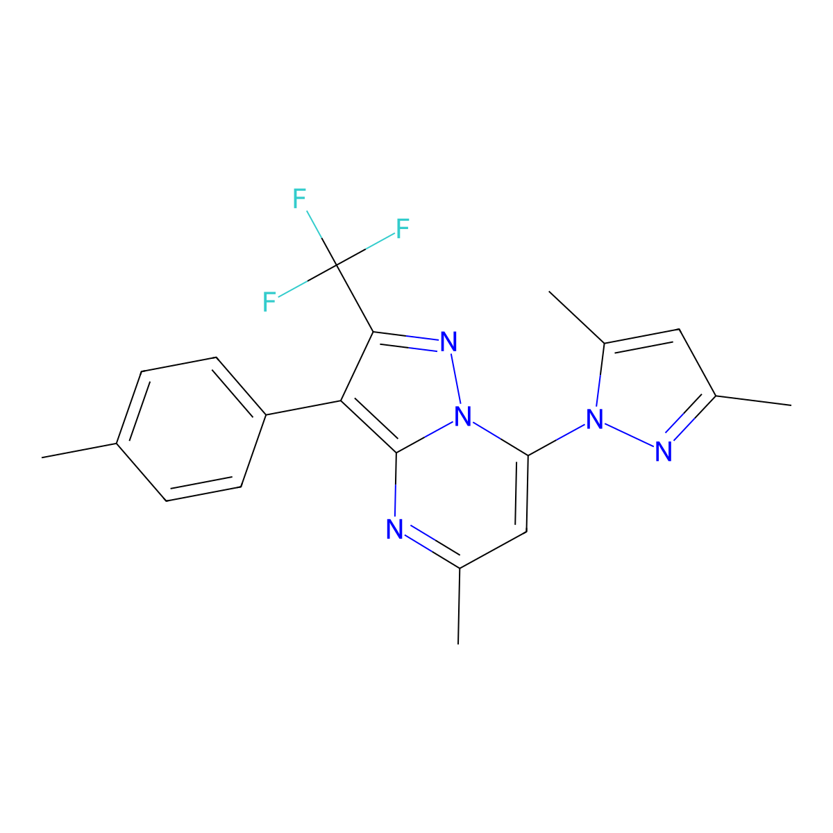 3,5-dimethyl-1-[5-methyl-3-(4-methylphenyl)-2-(trifluoromethyl)pyrazolo[1,5-a]pyrimidin-7-yl]-1H-pyrazole molecular structure, CAS 1185165-46-1