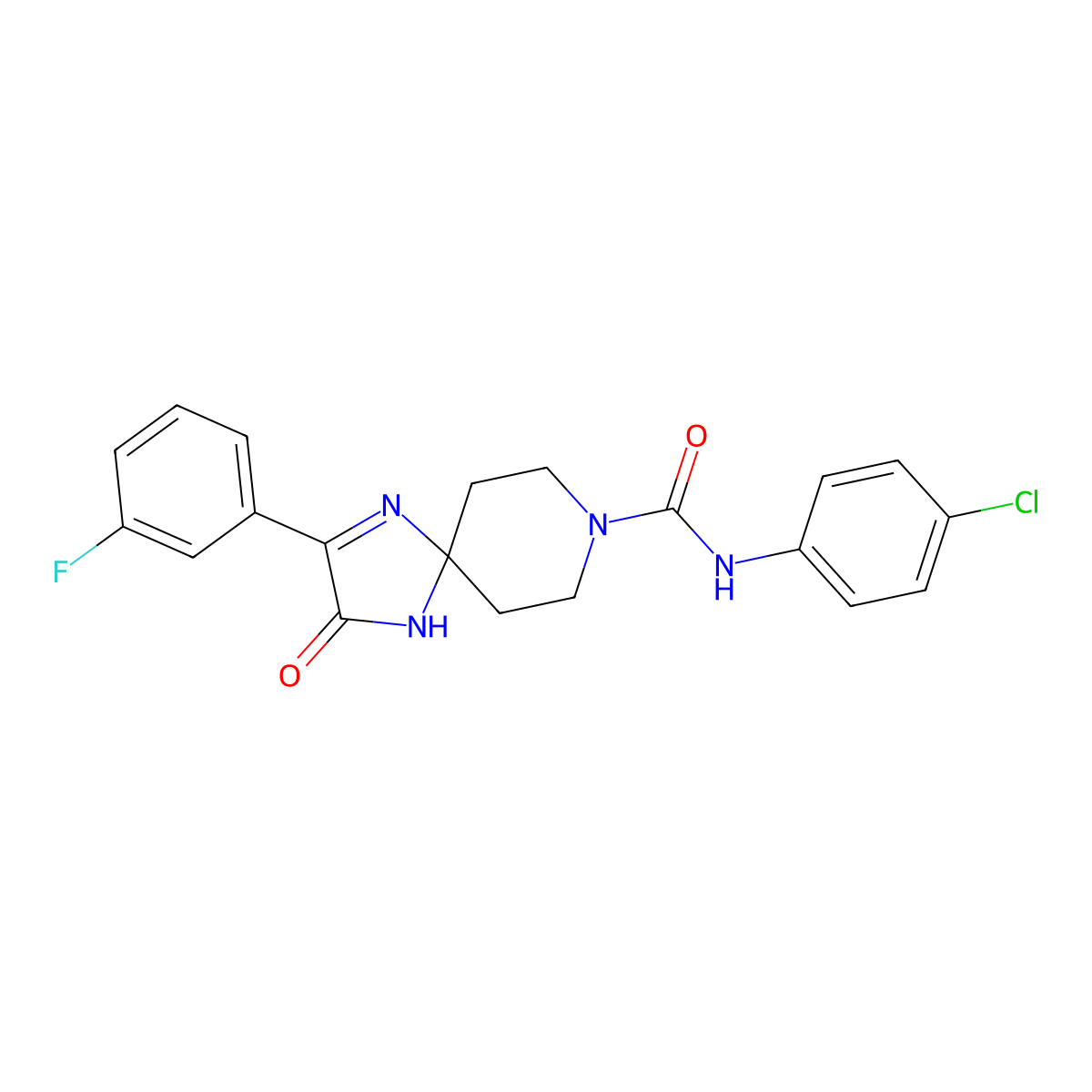 N-(4-chlorophenyl)-2-(3-fluorophenyl)-3-oxo-1,4,8-triazaspiro[4.5]dec-1-ene-8-carboxamide molecular structure, CAS 1185167-75-2