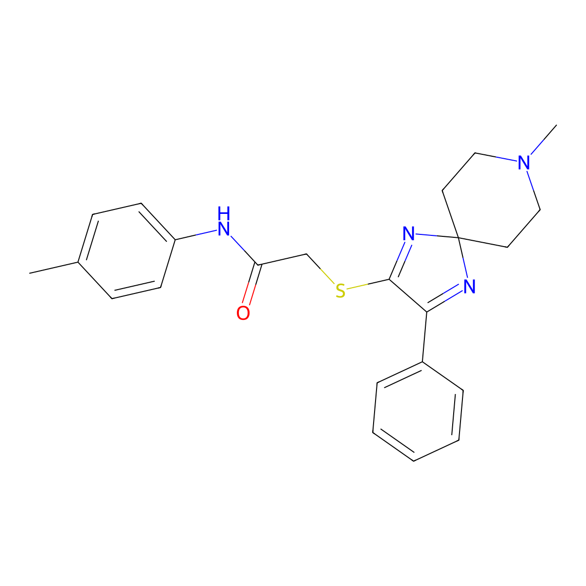2-({8-Methyl-3-phenyl-1,4,8-triazaspiro[4.5]deca-1,3-dien-2-YL}sulfanyl)-N-(4-methylphenyl)acetamide molecular structure, CAS 1185170-29-9