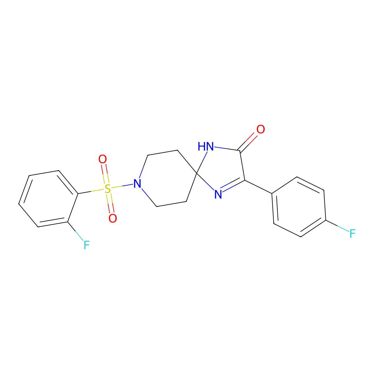 3-(4-Fluorophenyl)-8-((2-fluorophenyl)sulfonyl)-1,4,8-triazaspiro[4.5]dec-3-en-2-one molecular structure, CAS 1185172-50-2