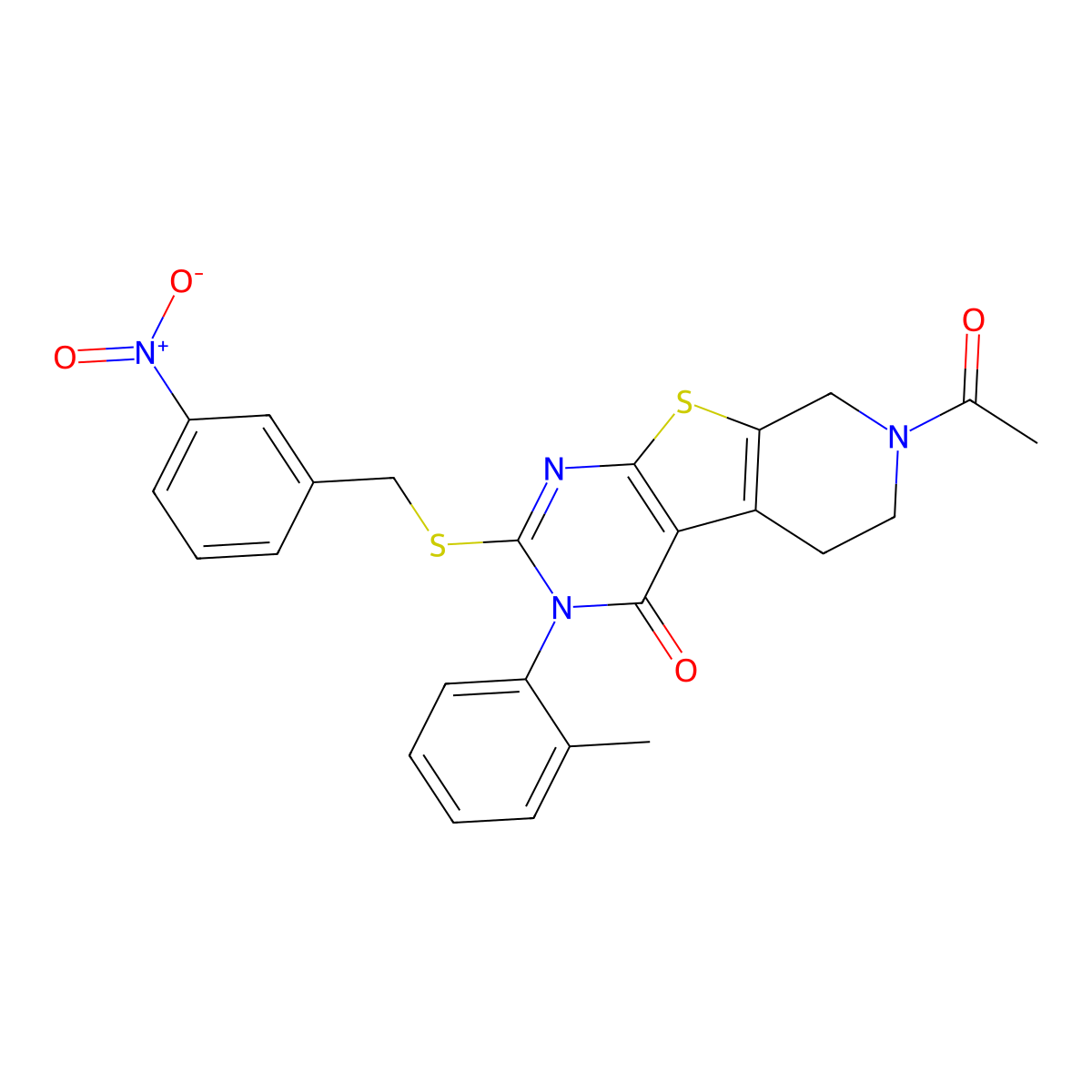 7-acetyl-2-((3-nitrobenzyl)thio)-3-(o-tolyl)-5,6,7,8-tetrahydropyrido[4',3':4,5]thieno[2,3-d]pyrimidin-4(3H)-one molecular structure, CAS 1185172-93-3