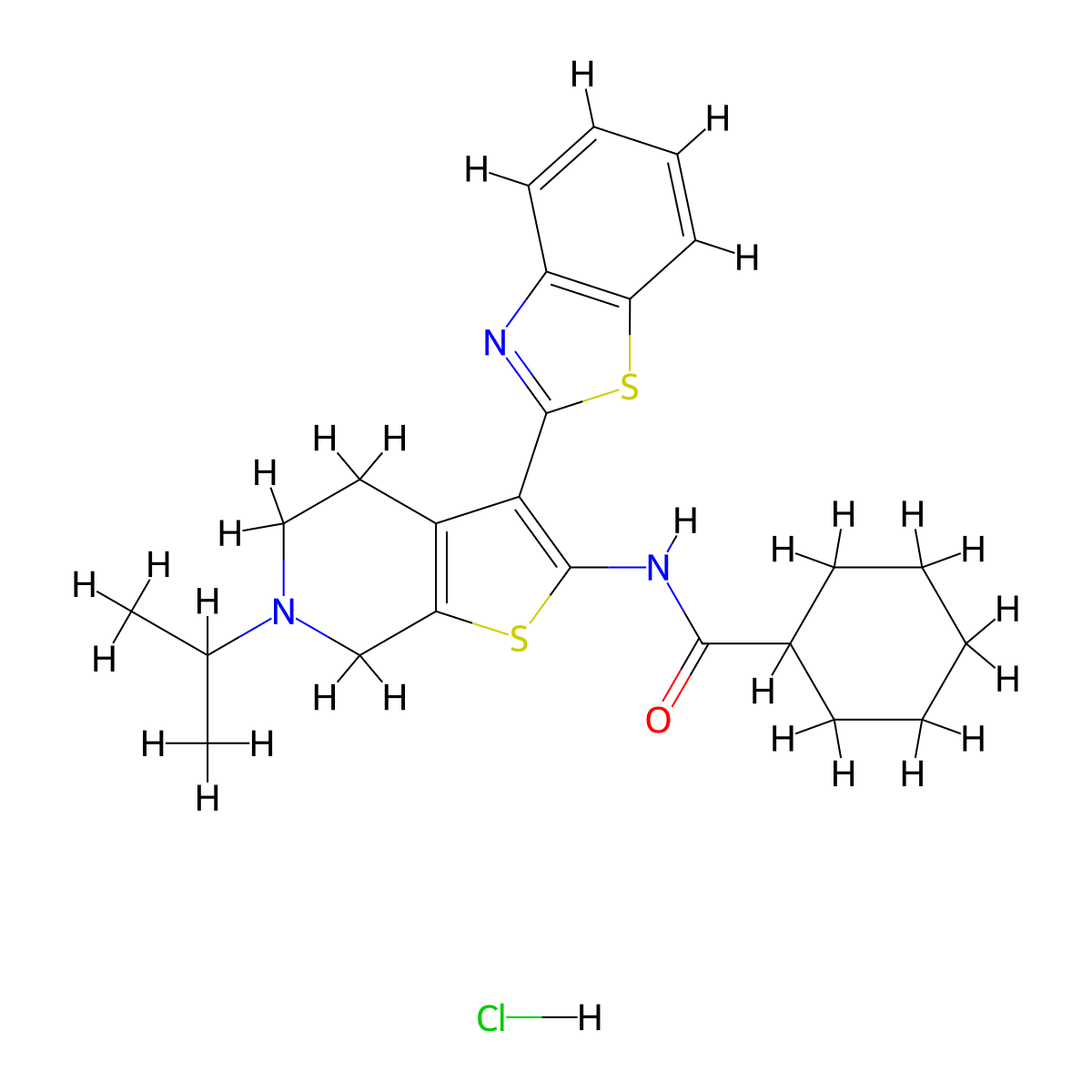 N-(3-(benzo[d]thiazol-2-yl)-6-isopropyl-4,5,6,7-tetrahydrothieno[2,3-c]pyridin-2-yl)cyclohexanecarboxamide hydrochloride molecular structure, CAS 1185175-20-5