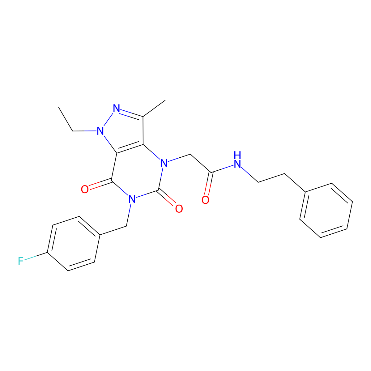2-(1-ethyl-6-(4-fluorobenzyl)-3-methyl-5,7-dioxo-6,7-dihydro-1H-pyrazolo[4,3-d]pyrimidin-4(5H)-yl)-N-phenethylacetamide molecular structure, CAS 1185176-21-9