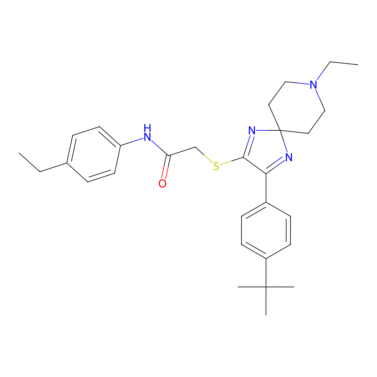 2-{[3-(4-tert-butylphenyl)-8-ethyl-1,4,8-triazaspiro[4.5]deca-1,3-dien-2-yl]sulfanyl}-N-(4-ethylphenyl)acetamide molecular structure, CAS 1185177-67-6
