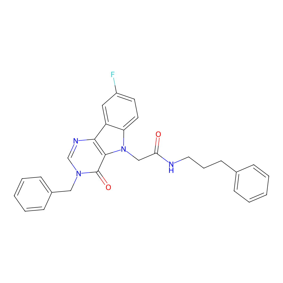 2-(3-benzyl-8-fluoro-4-oxo-3H-pyrimido[5,4-b]indol-5(4H)-yl)-N-(3-phenylpropyl)acetamide molecular structure, CAS 1185177-74-5