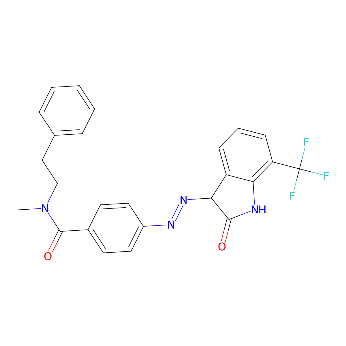 N~1~-methyl-4-{(E)-2-[2-oxo-7-(trifluoromethyl)-2,3-dihydro-1H-indol-3-yl]-1-diazenyl}-N~1~-phenethylbenzamide molecular structure, CAS 1185239-67-1