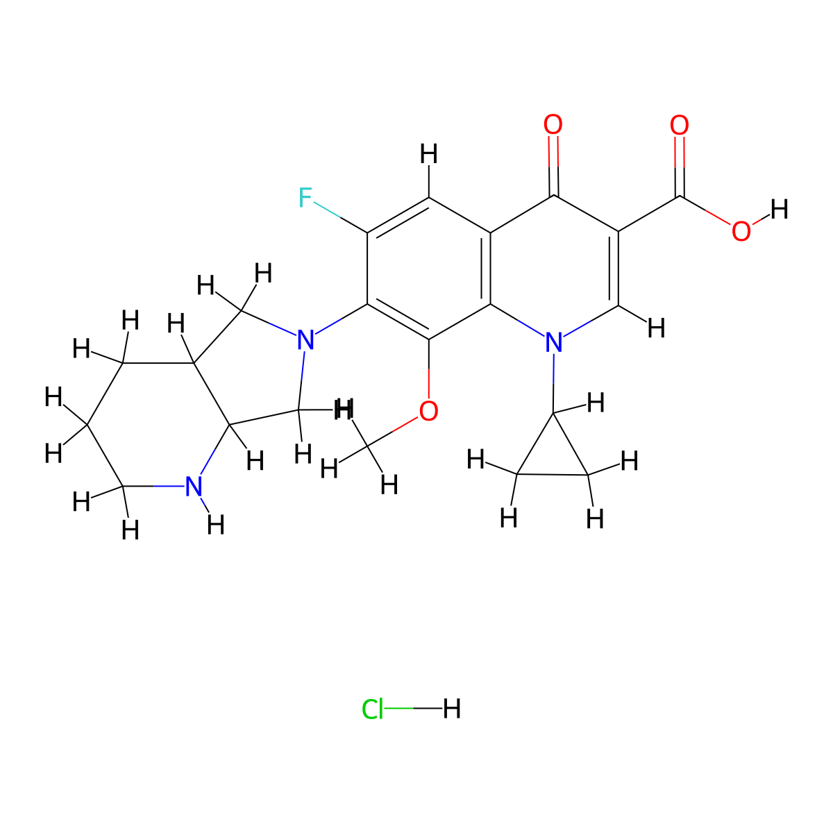 7-(1,2,3,4,4a,5,7,7a-Octahydropyrrolo[3,4-b]pyridin-6-yl)-1-cyclopropyl-6-fluoranyl-8-methoxy-4-oxidanylidene-quinoline-3-carboxylic acid hydrochloride molecular structure, CAS 1185253-35-3