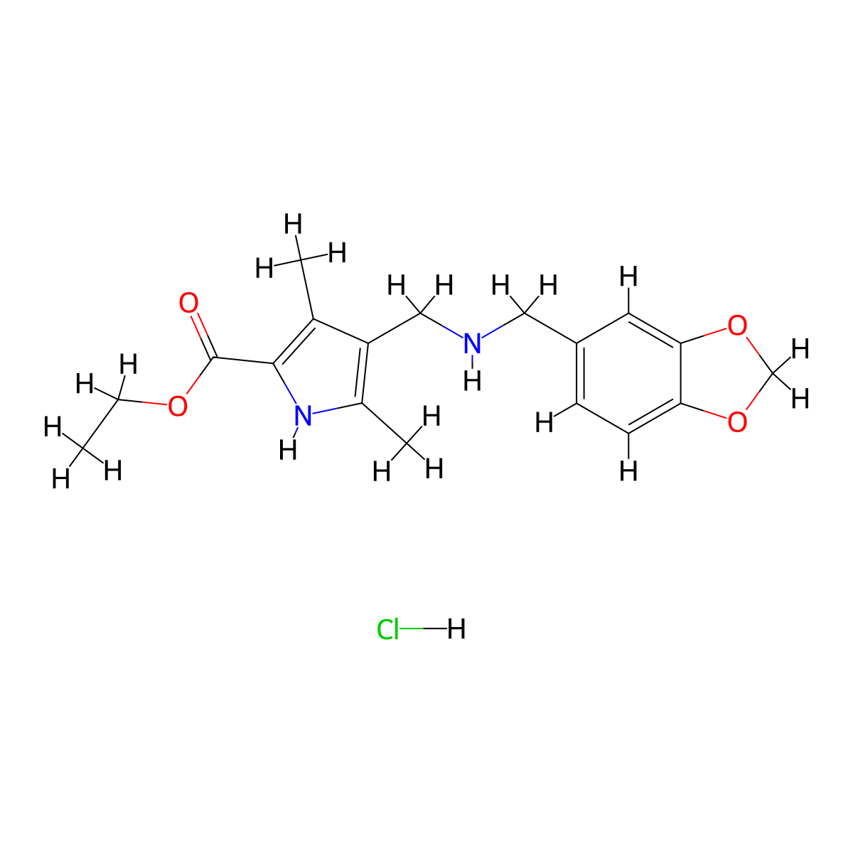 Ethyl 4-(((benzo[d][1,3]dioxol-5-ylmethyl)amino)methyl)-3,5-dimethyl-1H-pyrrole-2-carboxylate hydrochloride molecular structure, CAS 1185296-08-5