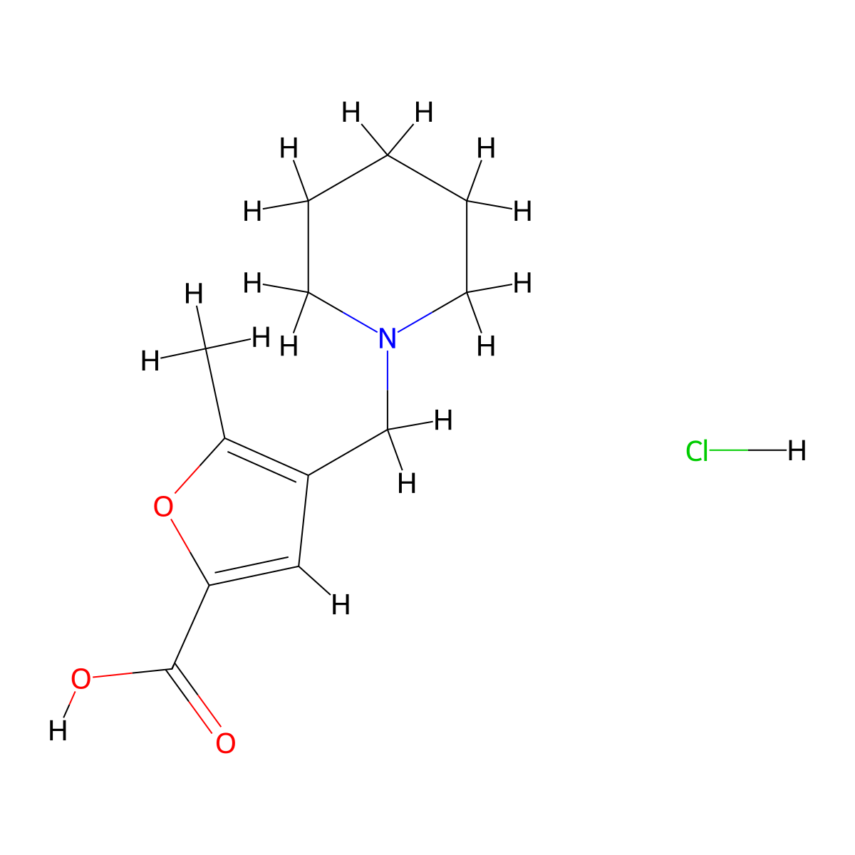 5-Methyl-4-piperidin-1-ylmethyl-furan-2-carboxylic acid hydrochloride molecular structure, CAS 1185298-79-6