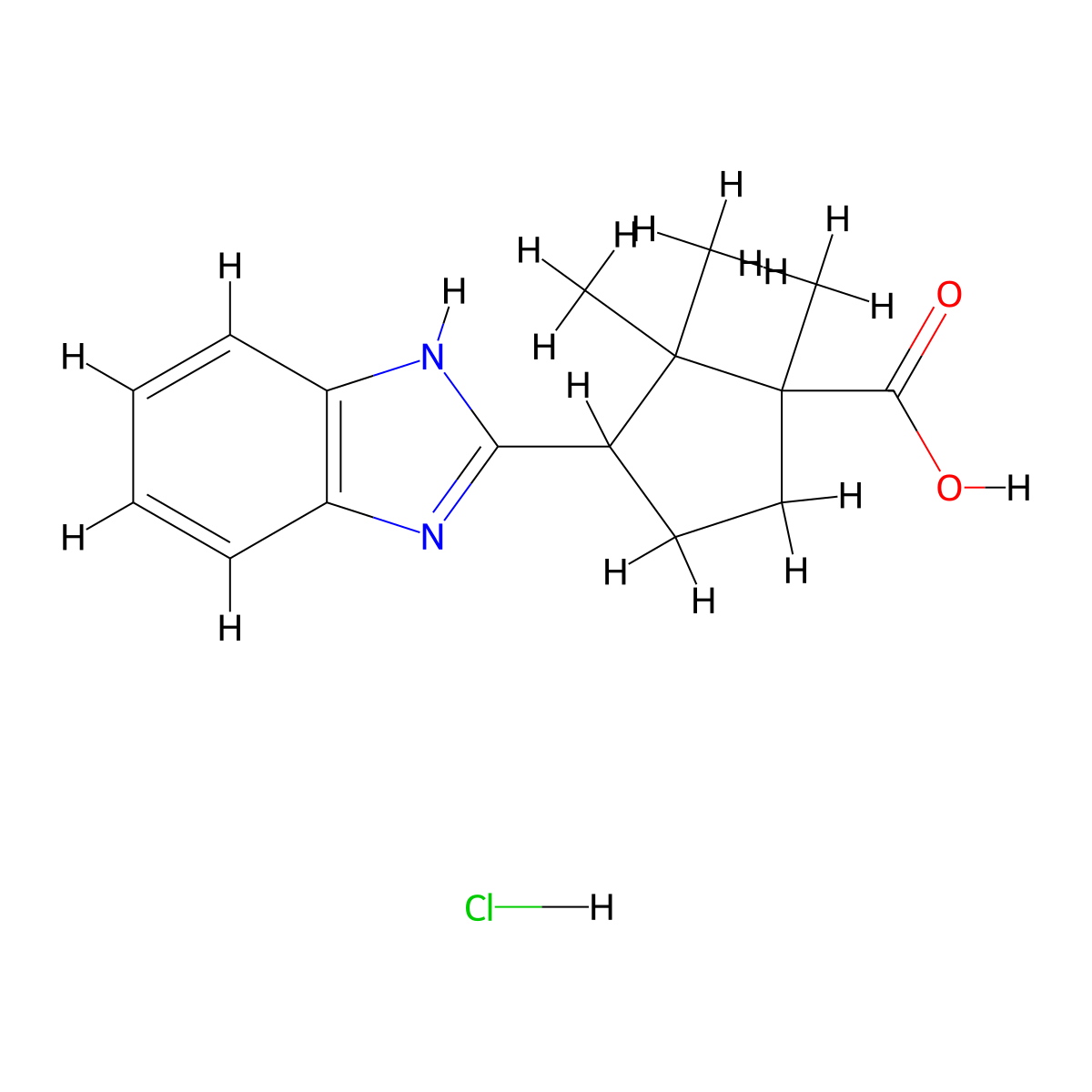 3-(1H-Benzoimidazol-2-YL)-1,2,2-trimethyl-cyclopentanecarboxylic acid hydrochloride molecular structure, CAS 1185300-27-9
