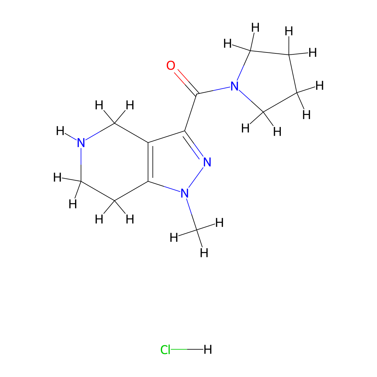 1-methyl-3-(pyrrolidin-1-ylcarbonyl)-4,5,6,7-tetrahydro-1H-pyrazolo[4,3-c]pyridine hydrochloride molecular structure, CAS 1185302-20-8