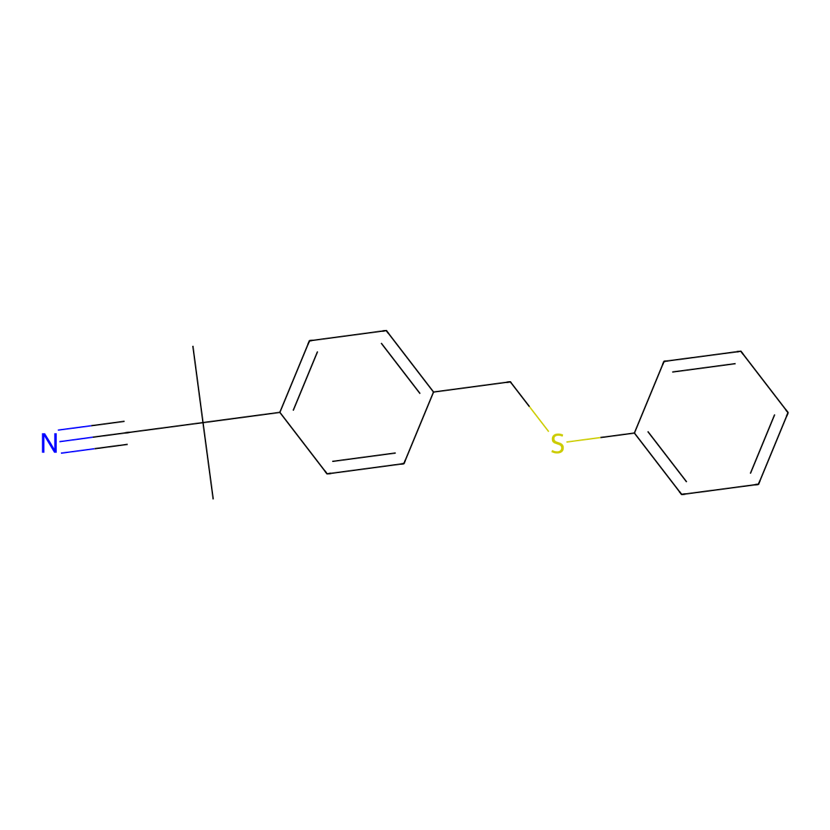 2-Methyl-2-(4-((phenylthio)methyl)phenyl)propanenitrile molecular structure, CAS 1185311-16-3