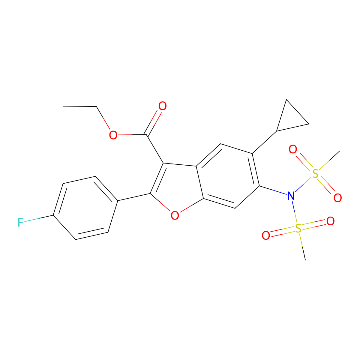 Ethyl 5-cyclopropyl-2-(4-fluorophenyl)-6-(N-(methylsulfonyl)methylsulfonamido)benzofuran-3-carboxylate molecular structure, CAS 1185313-40-9