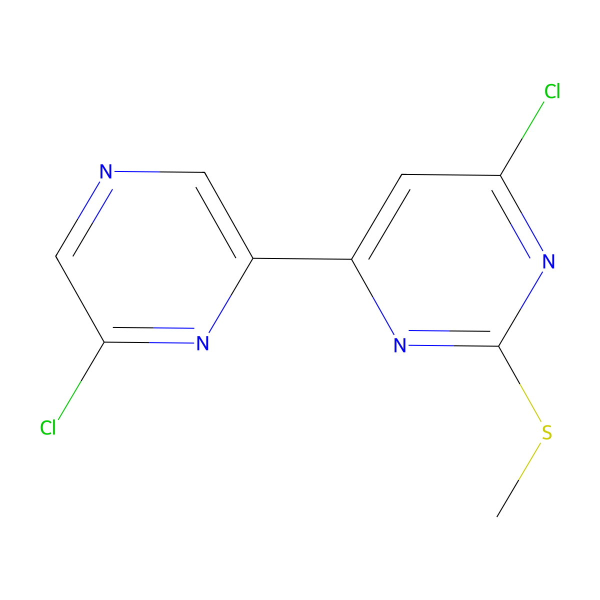 6,6'-Dichloro-2-methylthio-4-(2'-pyrazinyl)pyrimidine molecular structure, CAS 1185315-48-3