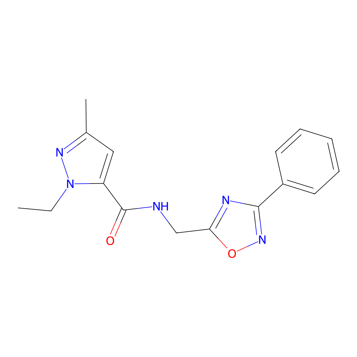 1-ethyl-3-methyl-N-((3-phenyl-1,2,4-oxadiazol-5-yl)methyl)-1H-pyrazole-5-carboxamide molecular structure, CAS 1185326-53-7