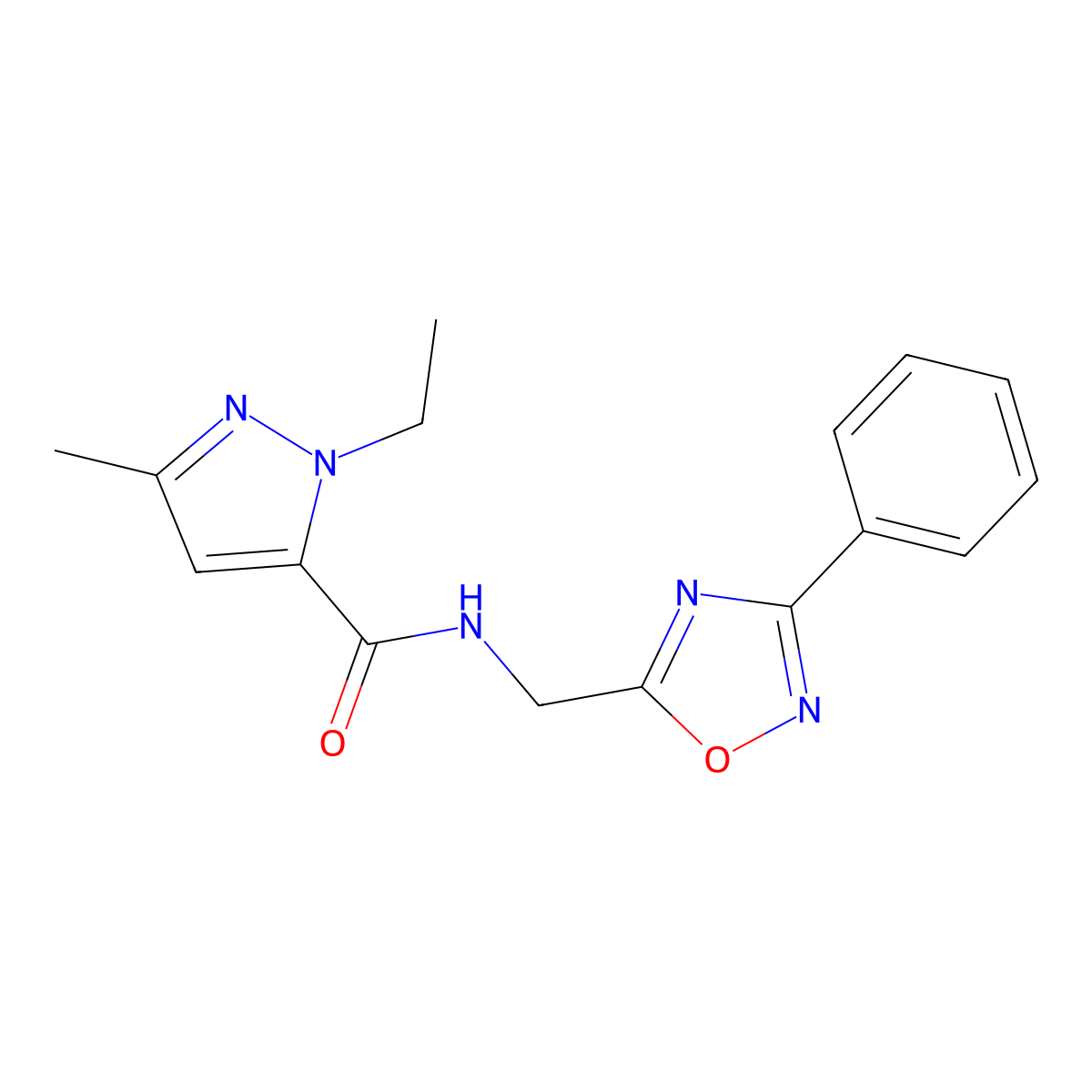 1-ethyl-3-methyl-N-((3-phenyl-1,2,4-oxadiazol-5-yl)methyl)-1H-pyrazole-5-carboxamide molecular structure, CAS 1185326-53-7