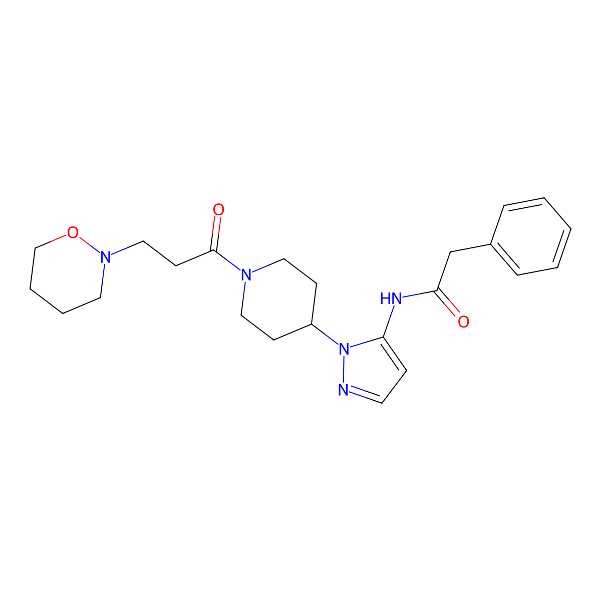 N-(1-{1-[3-(1,2-oxazinan-2-yl)propanoyl]-4-piperidinyl}-1H-pyrazol-5-yl)-2-phenylacetamide molecular structure, CAS 1185345-28-1