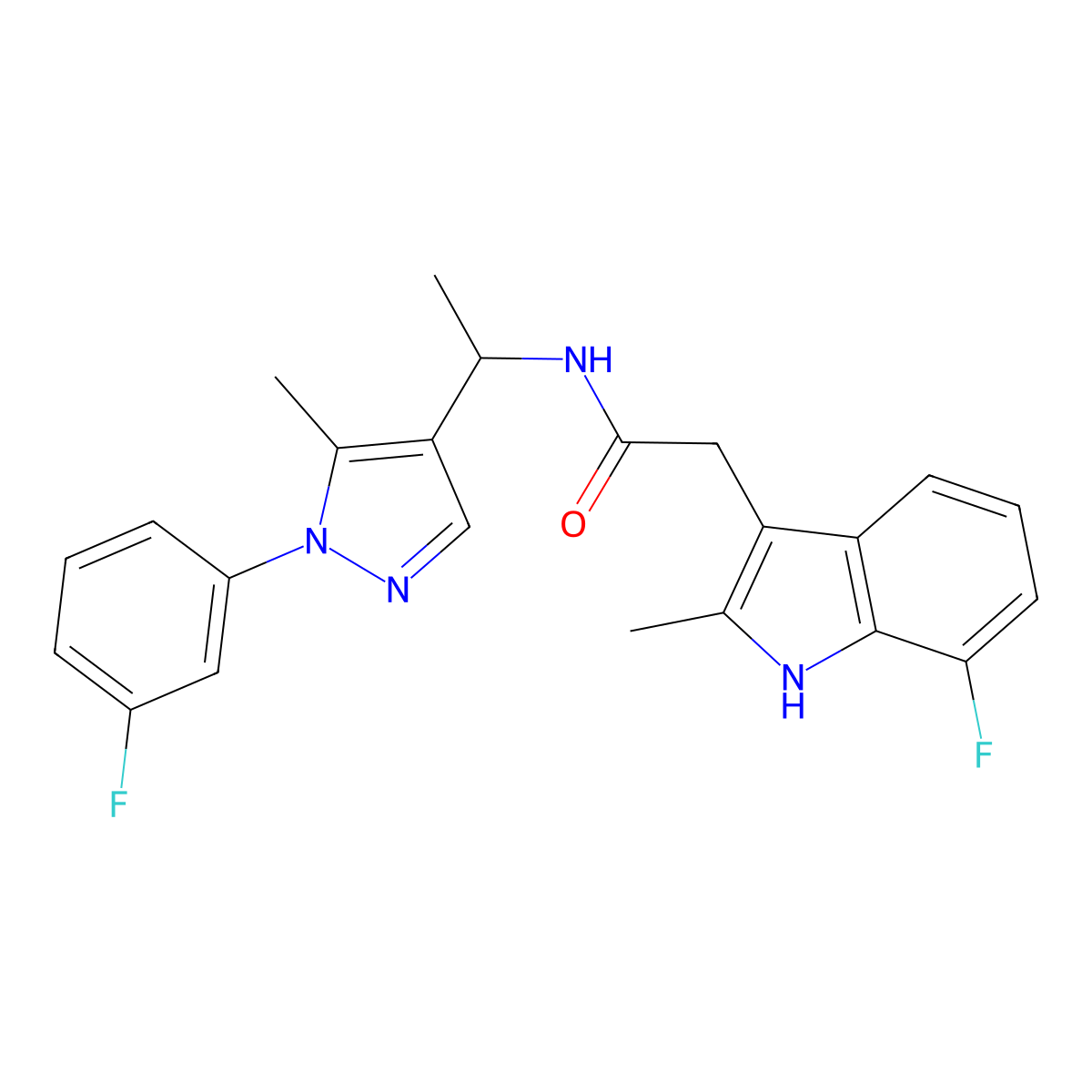 2-(7-fluoro-2-methyl-1H-indol-3-yl)-N-{1-[1-(3-fluorophenyl)-5-methyl-1H-pyrazol-4-yl]ethyl}acetamide molecular structure, CAS 1185346-08-0