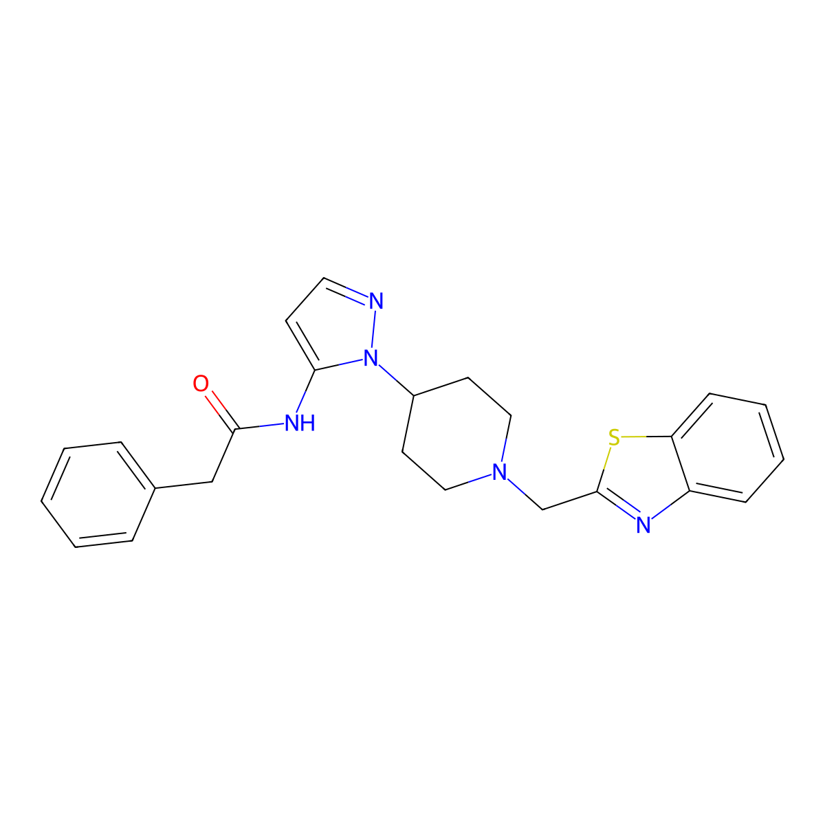 N-(1-{1-[(1,3-benzothiazol-2-yl)methyl]piperidin-4-yl}-1H-pyrazol-5-yl)-2-phenylacetamide molecular structure, CAS 1185365-02-9