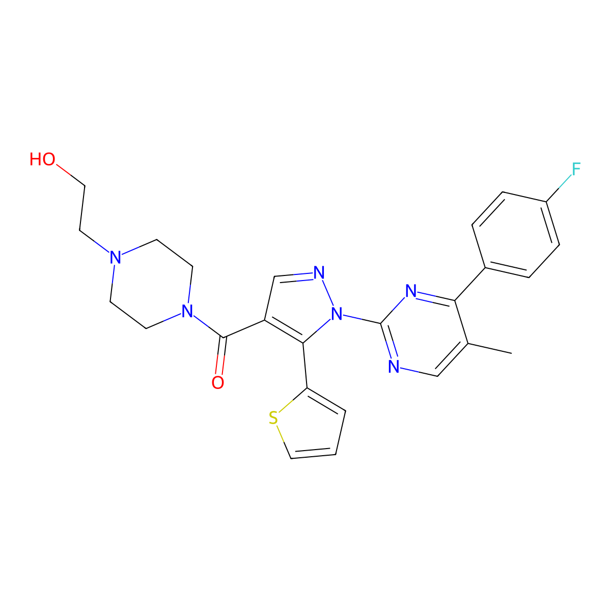 [1-[4-(4-Fluorophenyl)-5-methyl-2-pyrimidinyl]-5-(2-thienyl)-1H-pyrazol-4-yl][4-(2-hydroxyethyl)-1-piperazinyl]methanone molecular structure, CAS 1185365-45-0