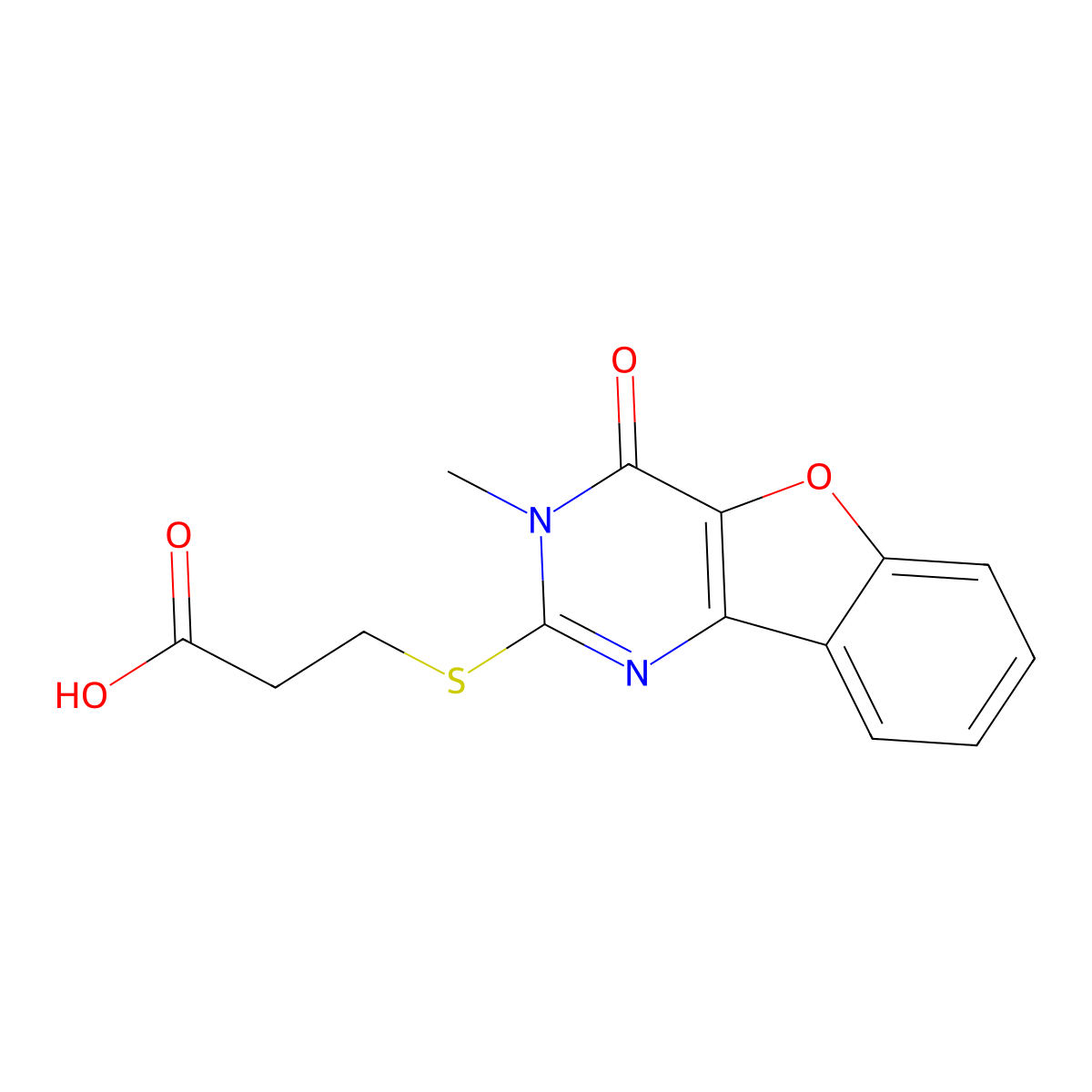 3-({5-Methyl-6-oxo-8-oxa-3,5-diazatricyclo[7.4.0.0,2,7]trideca-1(9),2(7),3,10,12-pentaen-4-yl}sulfanyl)propanoic acid molecular structure, CAS 1185373-92-5