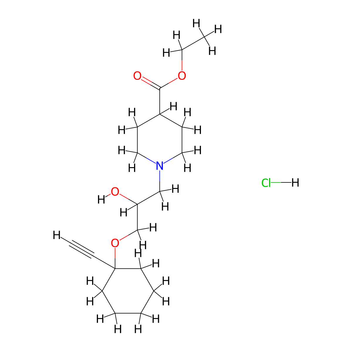 Ethyl 1-(3-((1-ethynylcyclohexyl)oxy)-2-hydroxypropyl)piperidine-4-carboxylate hydrochloride molecular structure, CAS 1185380-39-5