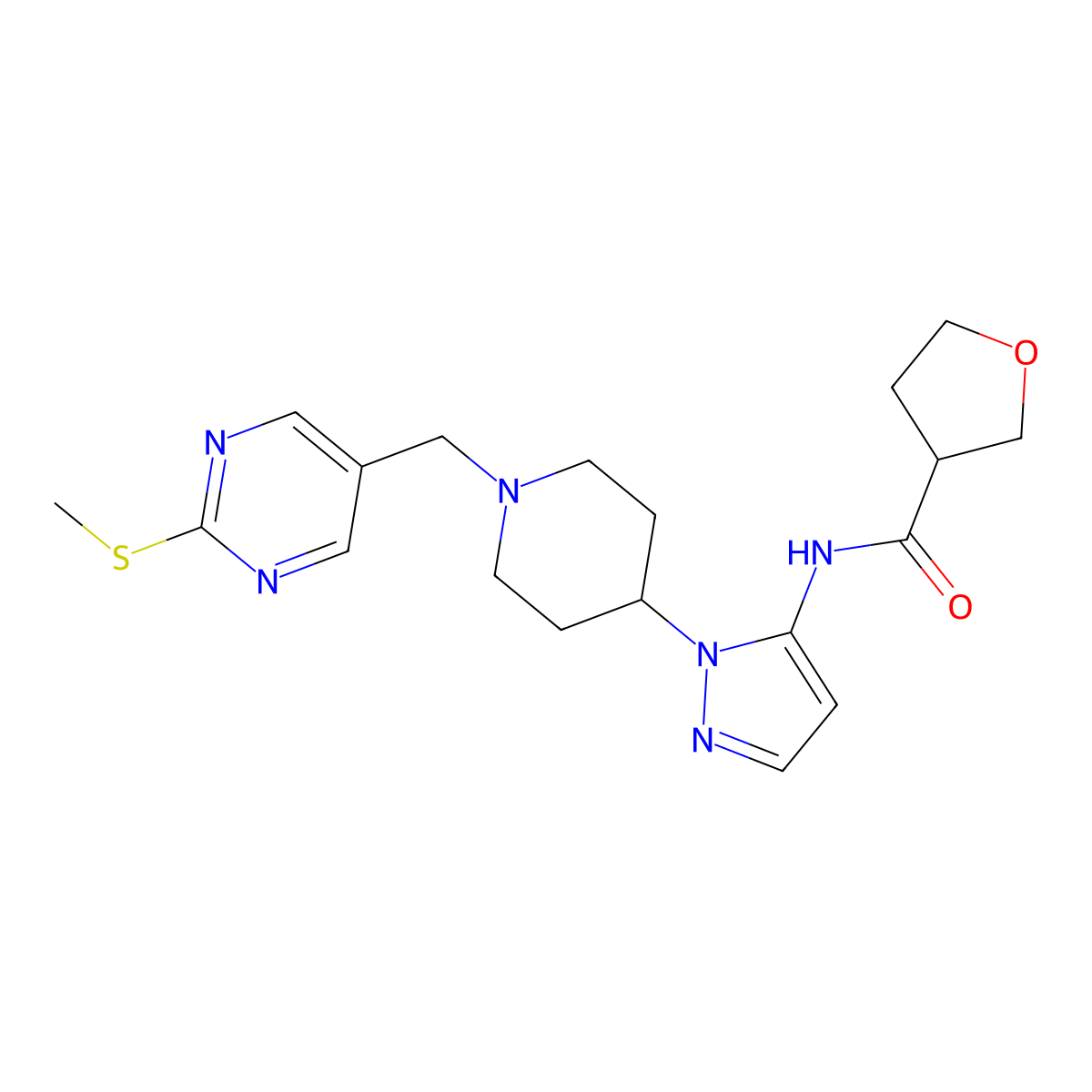 N-[1-(1-{[2-(methylthio)-5-pyrimidinyl]methyl}-4-piperidinyl)-1H-pyrazol-5-yl]tetrahydro-3-furancarboxamide molecular structure, CAS 1185412-63-8