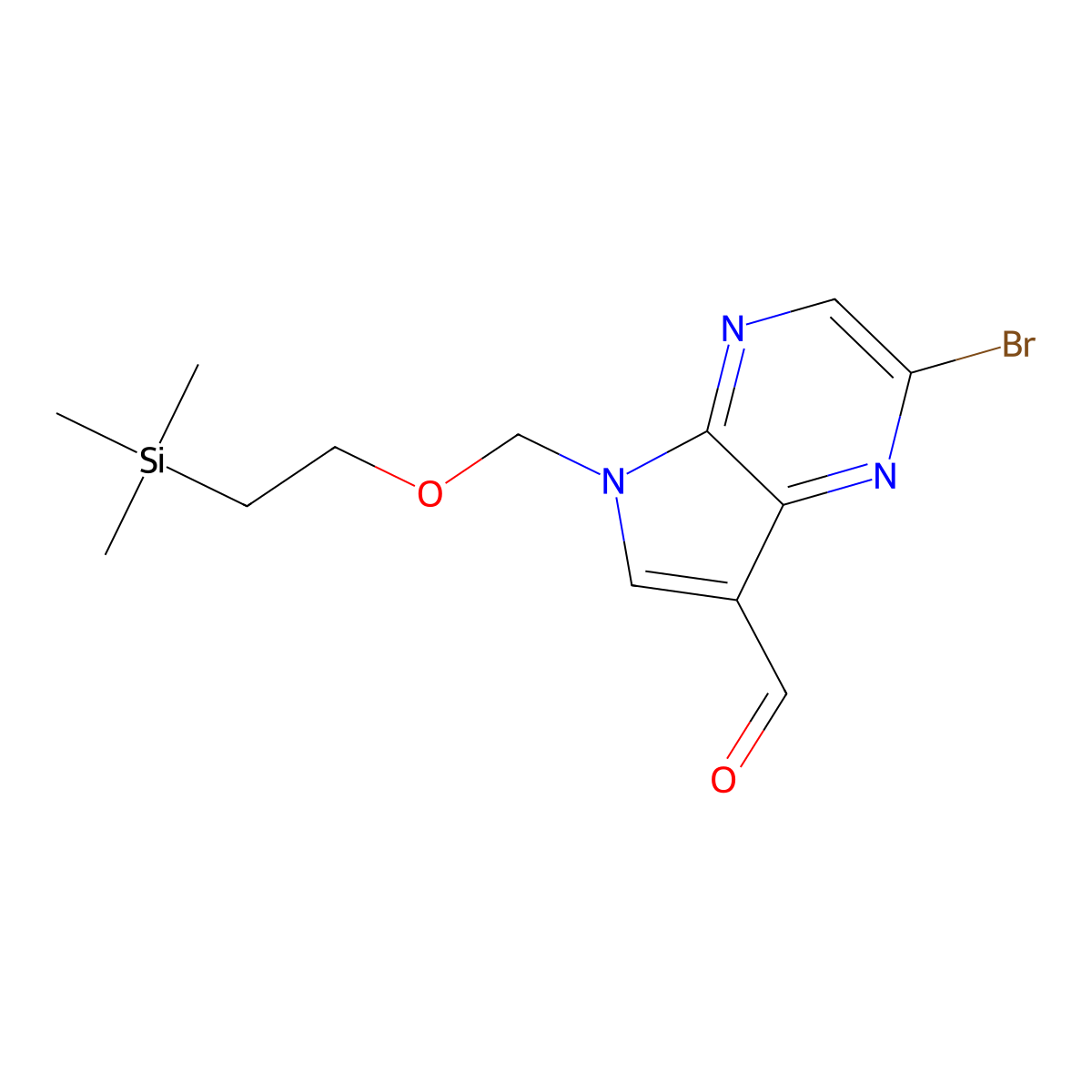 2-bromo-5-((2-(trimethylsilyl)ethoxy)methyl)-5H-pyrrolo[2,3-b]pyrazine-7-carbaldehyde molecular structure, CAS 1185428-34-5