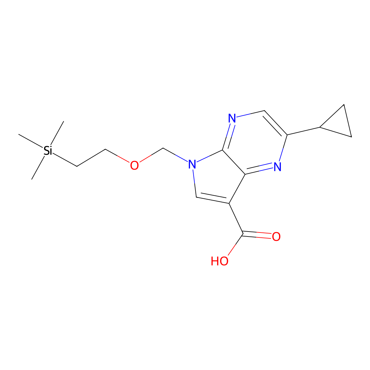 2-cyclopropyl-5-((2-(trimethylsilyl)ethoxy)methyl)-5H-pyrrolo[2,3-b]pyrazine-7-carboxylic acid molecular structure, CAS 1185428-39-0