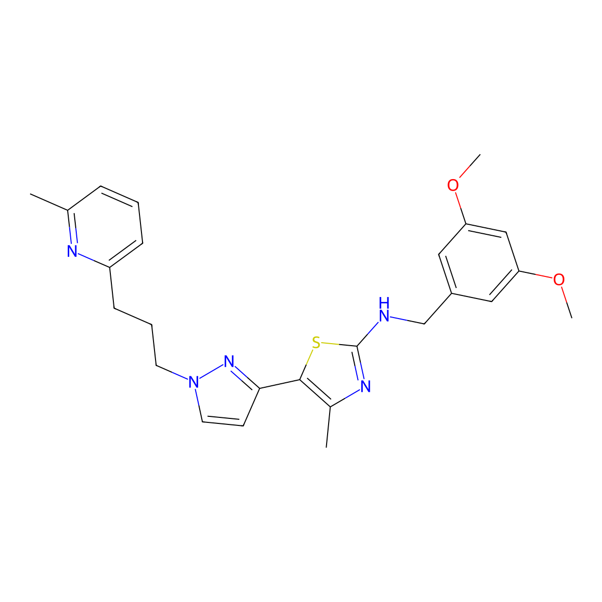 N-[(3,5-dimethoxyphenyl)methyl]-4-methyl-5-[1-[3-(6-methylpyridin-2-yl)propyl]pyrazol-3-yl]-1,3-thiazol-2-amine molecular structure, CAS 1185431-27-9