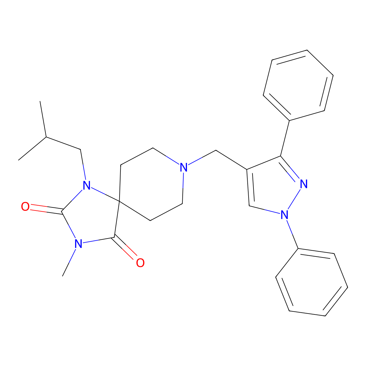 8-[(1,3-Diphenyl-1H-pyrazol-4-yl)methyl]-3-methyl-1-(2-methylpropyl)-1,3,8-triazaspiro[4.5]decane-2,4-dione molecular structure, CAS 1185436-48-9