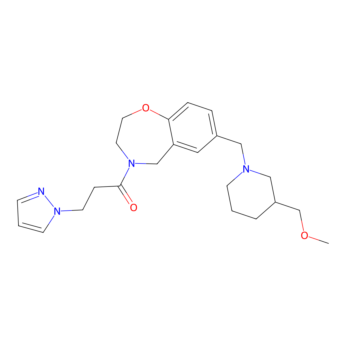 7-{[3-(methoxymethyl)-1-piperidinyl]methyl}-4-[3-(1H-pyrazol-1-yl)propanoyl]-2,3,4,5-tetrahydro-1,4-benzoxazepine molecular structure, CAS 1185438-18-9