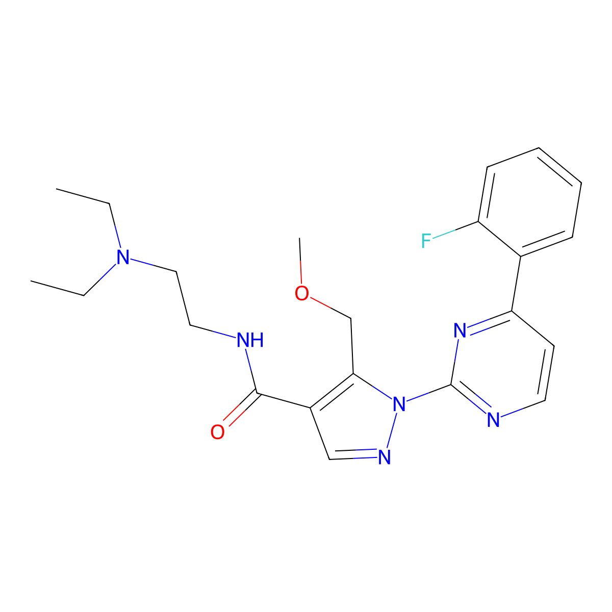 N-[2-(diethylamino)ethyl]-1-[4-(2-fluorophenyl)-2-pyrimidinyl]-5-(methoxymethyl)-1H-pyrazole-4-carboxamide molecular structure, CAS 1185439-93-3